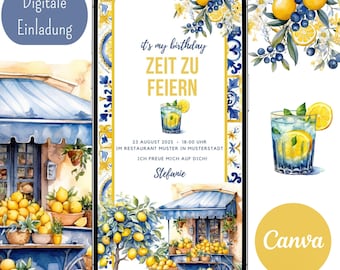 Digital birthday invitation, Canva template, invitation card, WhatsApp, customizable, birthday invitation, lemon, summer, Mediterranean