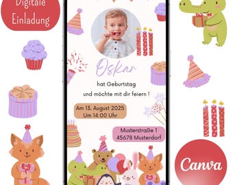 Op de afbeelding: Een digitale verjaardagsuitnodiging op een smartphonescherm, met een foto van een kind genaamd Oskar. De uitnodiging bevat tekst in het Duits, decoratieve elementen zoals cupcakes, kaarsen en cartoon dieren. Het ontwerp is in tinten roze, paars en oranje.