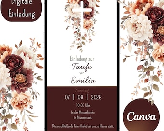 Invitación digital de bautizo, plantilla de Canva, tarjeta de invitación, personalizable, WhatsApp, bautizo niña, bautizo niño, iglesia, flores, cruz