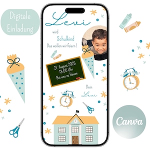 School enrollment invitation, boy, schoolchild, school, school cone, digital invitation, Canva template, invitation card, WhatsApp, customizable