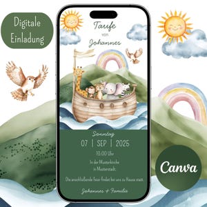 Könnte beinhalten: Eine digitale Einladung zur Taufe mit einer Aquarellillustration der Arche Noah mit Tieren, einem Regenbogen und einer lächelnden Sonne. Der Text enthält den Namen "Johannes", Datum, Uhrzeit und Ort.