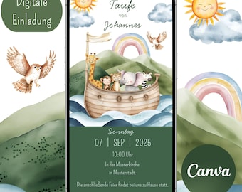 Digitale Einladung Taufe, Canva Vorlage, Einladungskarte, personalisierbar, WhatsApp, Taufe Mädchen Junge, Arche Noah, Einladungskarte Taufe