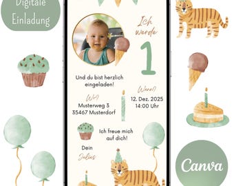 Children's birthday invitation, boy, safari, tiger, animals, digital invitation, Canva template, invitation card, WhatsApp, customizable