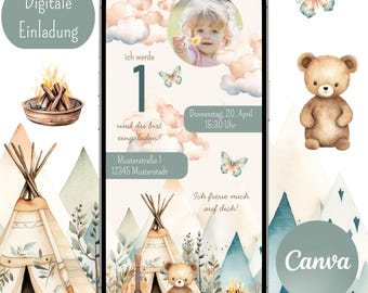 Children's birthday invitation, boy girl, camping, bear, boho, digital invitation, Canva template, invitation card, customizable