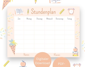 Horario, horario PDF, descarga digital, DIN A4, matrícula escolar, colegio, regalo de matrícula escolar, cono escolar, escolar