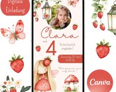 Einladung Kindergeburtstag, Mädchen, Erdbeerfee, Fee, Digitale Einladung, Canva Vorlage, Einladungskarte, WhatsApp, personalisiert