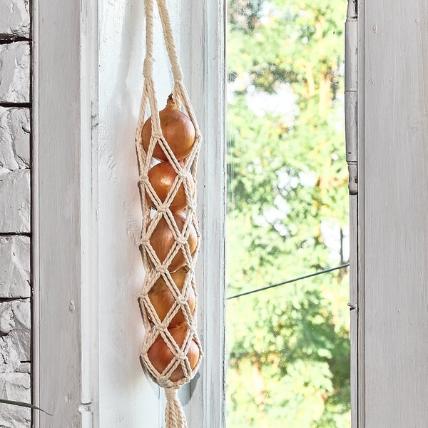 Onion keeper macrame, Outdoor wall hanging basket macrame, Fruit and vegetable bag,  Cottagecore kitchen wall decor