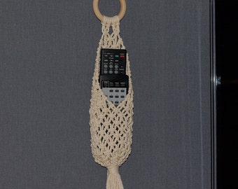 Remote control holder macrame with wooden ring ,  Wall hanging organizer for camper, Cottagecore decor in boho style