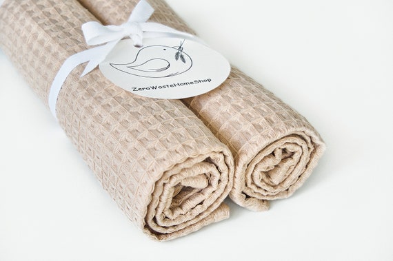 Natural Linen Waffle Kitchen Towels, Hand Towels Set With Loop