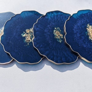 Royal Blue and Gold Coaster Handmade Agate Geode Coaster Home Decor, Table Accessories, Gifts for her, Nail Palette, Jewellery Tray image 2