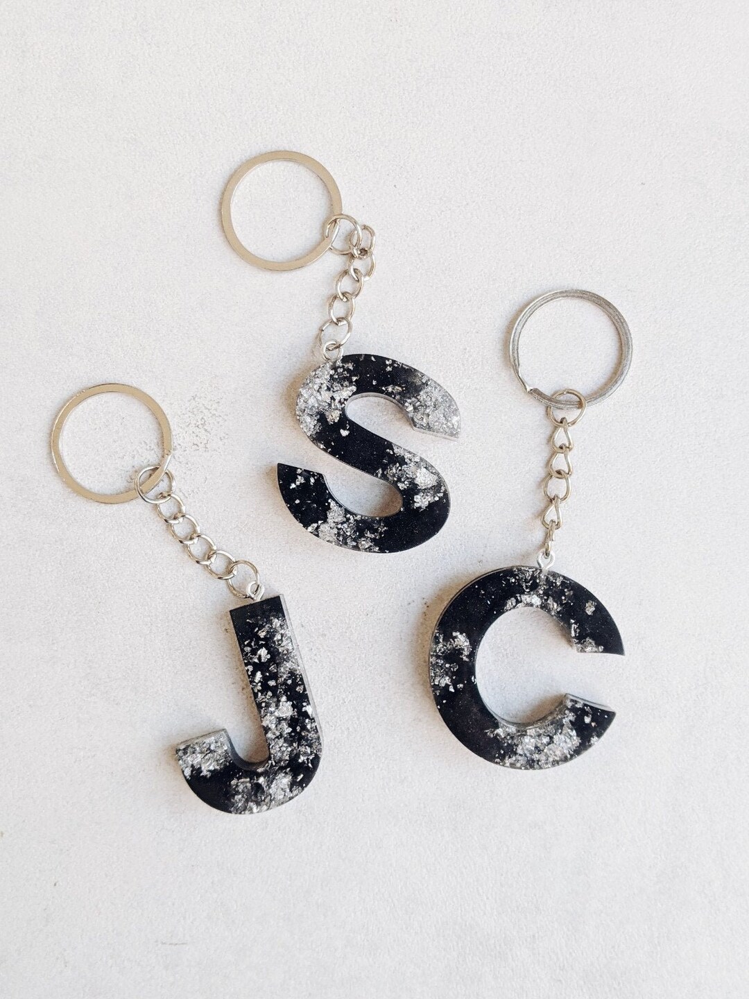 Handmade Initial Resin Keyring | Black and Silver | Alphabet Keyring ...