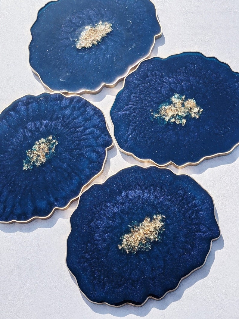 Royal Blue and Gold Coaster Handmade Agate Geode Coaster Home Decor, Table Accessories, Gifts for her, Nail Palette, Jewellery Tray image 1