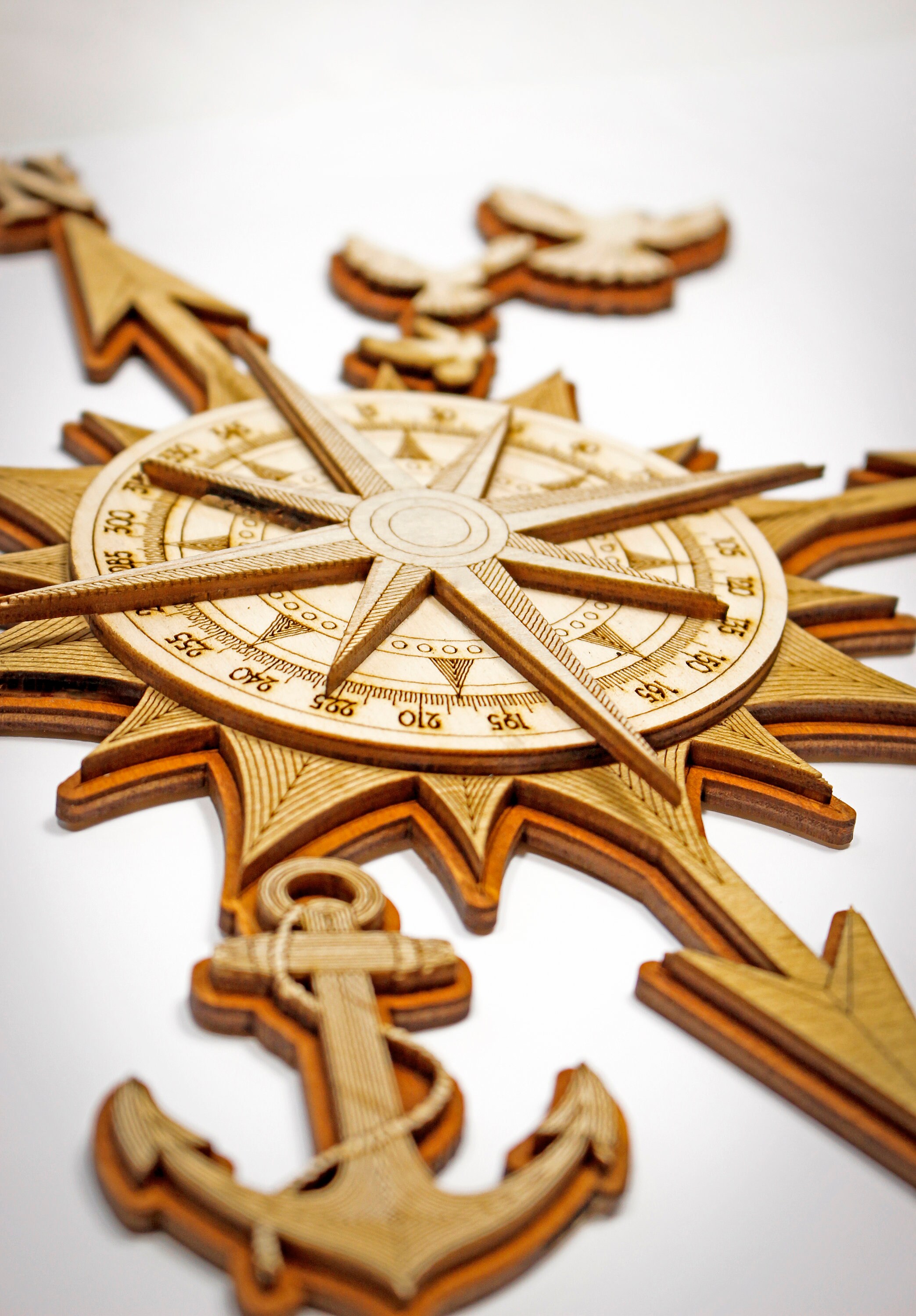 Wooden Engraved Compass with Birds and Anchor Multilayered Etsy