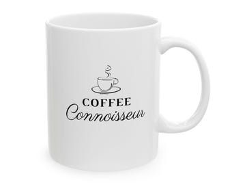 May include: White ceramic coffee mug with a black illustration of a coffee cup and the text "COFFEE Connoisseur".