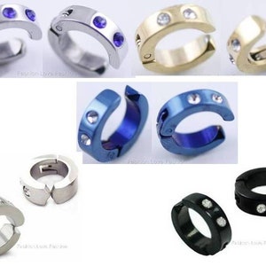 1 Pair Clip On Stainless Steel Hoop 14mm Stud Earrings w/Rhinestone Silver, Gold, Black, Royal Blue