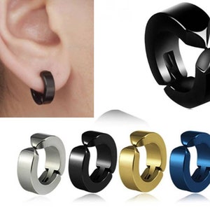 1 Pair Clip On Stainless Steel Hoop 14mm Stud Earrings Silver Gold Black Blue