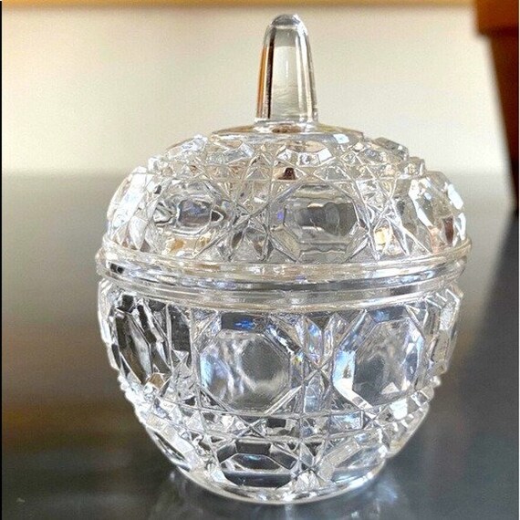 Vintage Faceted Cut Lidded Small Clear Glass Appl… - image 1