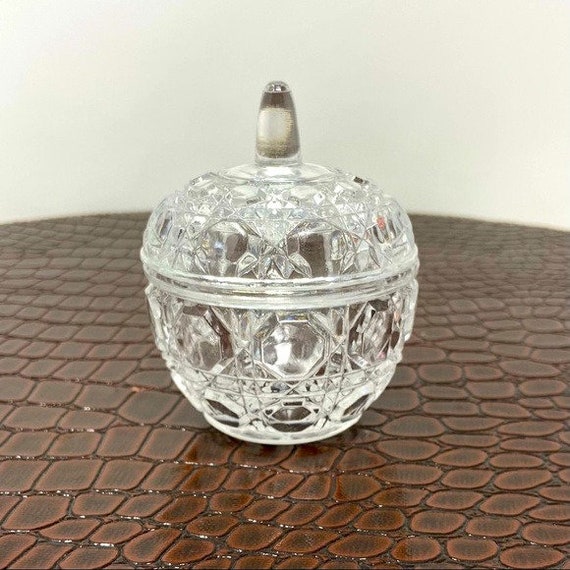 Vintage Faceted Cut Lidded Small Clear Glass Appl… - image 2