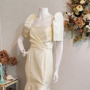 Philippine Dress. Custom-made, Ivory Shantung satin Serpintina cut with slit Modern Filipiniana Wedding Dress with Terno Sleeves.