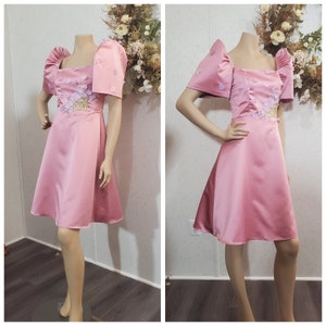 Rose color ( more colors available ) Scoop neckline modern filipiniana dress with 3D cut out flowers.