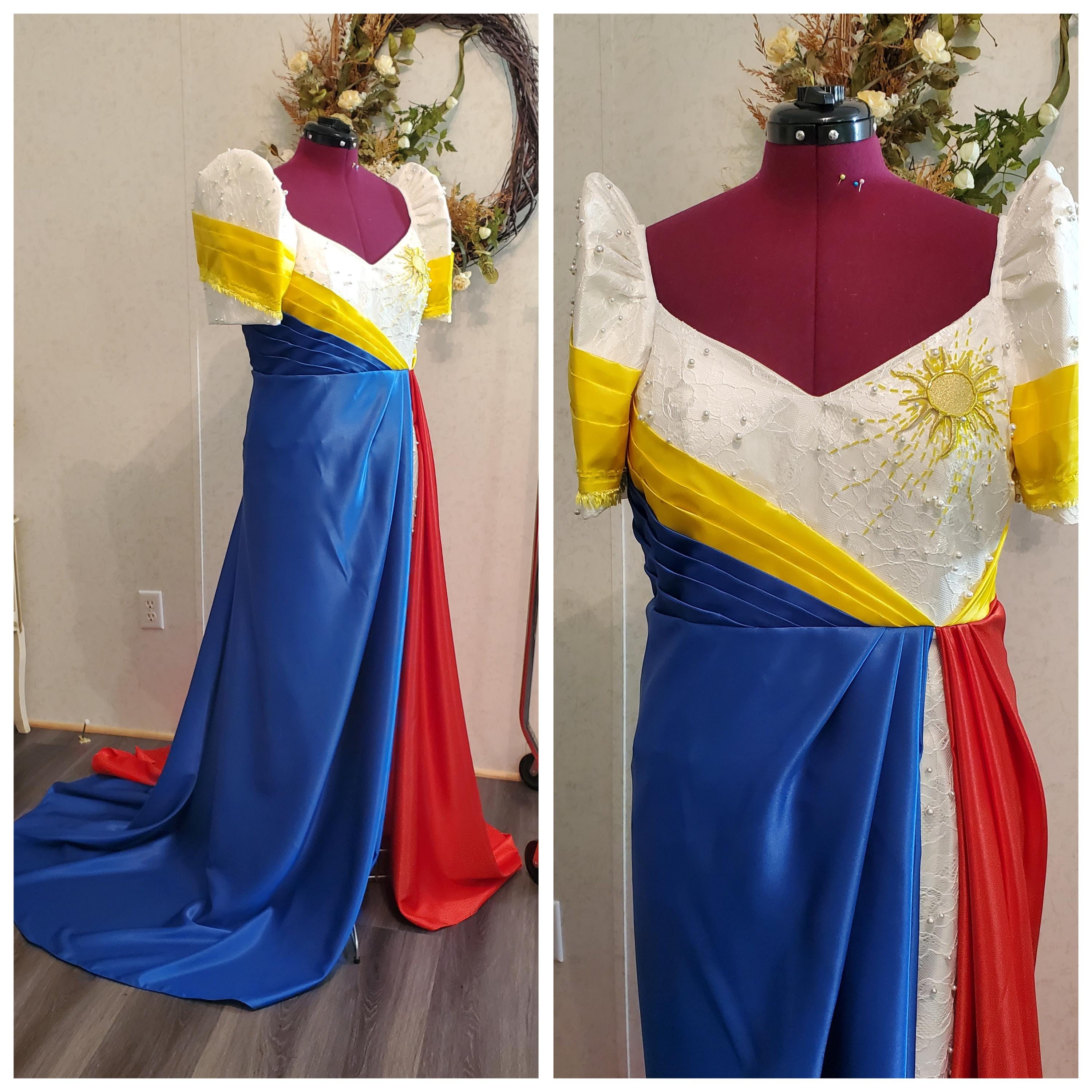 Custom Order. Philippine Flag Inspiration Gown Embellished with Appliques . Cultural Filipiniana Philippine Dress.