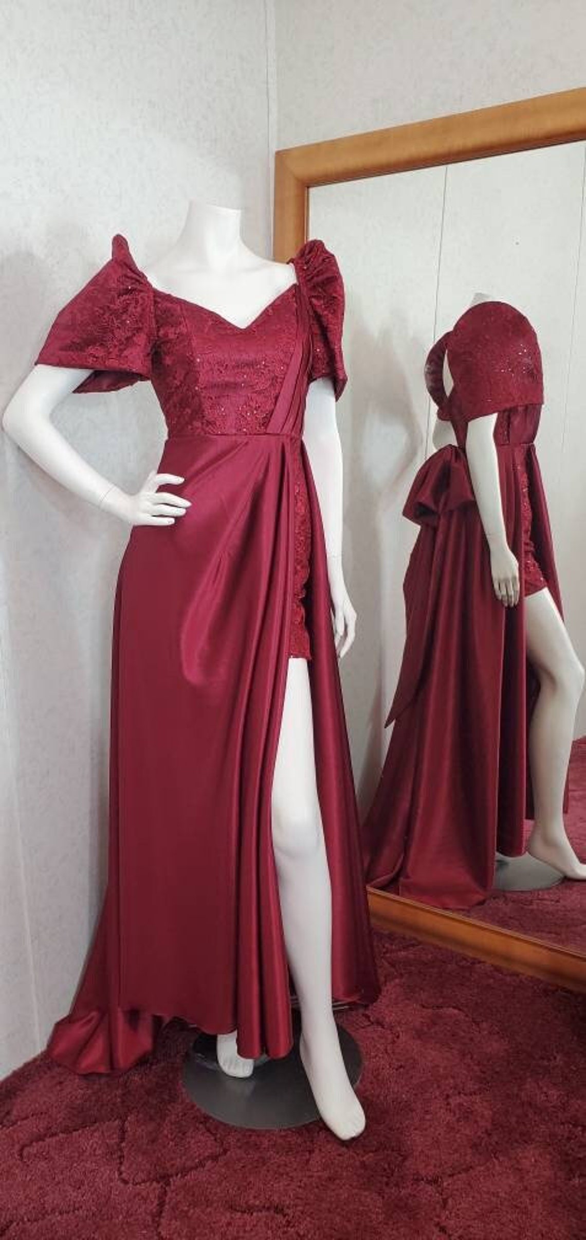 Custom Handmade Burgundy Off-shoulder Crepe Satin With Lace - Etsy