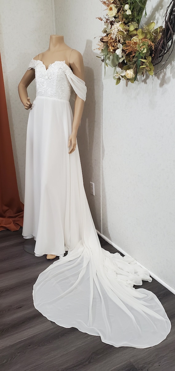 chiffon white dress flowy White Plus Size Off Shoulder Flowy Chiffon Ruched Custom Wedding Dress, White main image 1