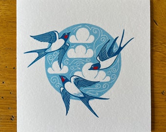 Swallows - From Original Linocut Print - Blank Greetings Card