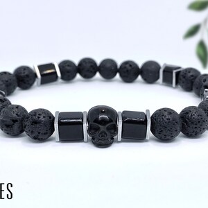handmade skull black lava stone bead bracelet for men