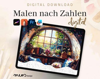 Paint by Numbers digital adults, Procreate, Sketchbook, Fresco, Coloring template Cozy Reading Escape