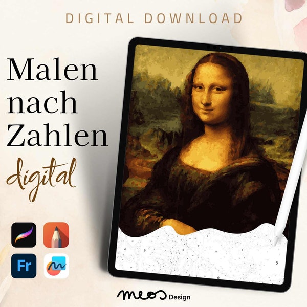 Malen nach Zahlen digital Erwachsene, Procreate, Sketchbook, Fresco, Malvorlage Mona Lisa Leonardo da Vinci, Entspannen