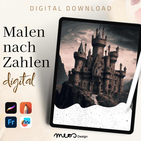 Malen nach Zahlen digital Erwachsene, Procreate, Sketchbook, Fresco, Malvorlage Schloss, Halloween, Malvorlage mystisch