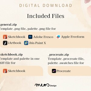 May include: Digital download of a template for creating art in various apps, including Sketchbook, Adobe Fresco, iArtbook, ibis Paint X, Procreate, and Apple Freeform. The image shows a beige background with text and icons for each app.