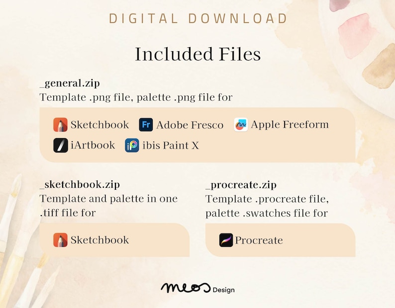 May include: Digital download of a template for creating art in various apps, including Sketchbook, Adobe Fresco, iArtbook, ibis Paint X, Procreate, and Apple Freeform. The image shows a beige background with text and icons for each app.