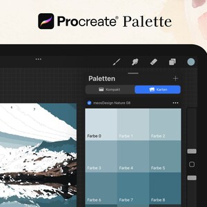 K&ouml;nnte beinhalten: Ein Screenshot der Procreate-App auf einem iPad, der eine Farbpalette mit acht verschiedenen Blaut&ouml;nen zeigt. Die Palette tr&auml;gt den Titel "meosDesign Nature 08" und befindet sich in der Ansicht "Kompakt". Das Bild zeigt au&szlig;erdem eine Berglandschaft mit schneebedeckten Gipfeln und einem See, der den Himmel reflektiert.