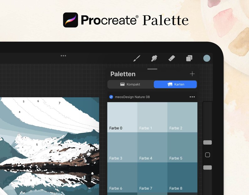 K&ouml;nnte beinhalten: Ein Screenshot der Procreate-App auf einem iPad, der eine Farbpalette mit acht verschiedenen Blaut&ouml;nen zeigt. Die Palette tr&auml;gt den Titel "meosDesign Nature 08" und befindet sich in der Ansicht "Kompakt". Das Bild zeigt au&szlig;erdem eine Berglandschaft mit schneebedeckten Gipfeln und einem See, der den Himmel reflektiert.