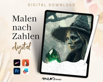 Paint by Numbers digital adults, Procreate, Sketchbook, Fresco, Coloring template witch, Guardian of the Crystal