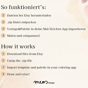 K&ouml;nnte beinhalten: Eine digitale Illustration einer Aquarellpalette und Pinseln mit Anweisungen zum Herunterladen, Entpacken und Importieren einer Vorlage und Palette in eine Mal-App. Der Text lautet "So funktioniert's: 1 Dateien bei Etsy herunterladen 2.zip Datei entpacken 3 Vorlage&Palette in deine Mal/Zeichen App importieren 4 Malen und entspannen! How it works 1 Download files from Etsy 2 Unzip the .zip file 3 Import template and palette in your coloring app 4 Draw and relax! meos Design"