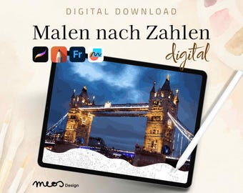 Paint by Numbers digital adults, Procreate, Sketchbook, Fresco, Coloring template Glow of the Tower Bridge