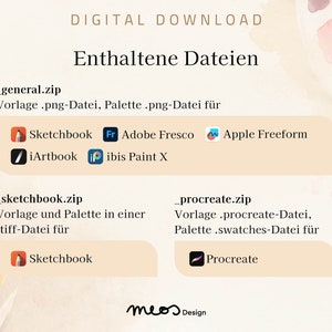 K&ouml;nnte beinhalten: Eine Grafik f&uuml;r einen digitalen Download mit dem Text "Enthaltene Dateien" und einer Liste der im Download enthaltenen Dateien. Die Dateien sind f&uuml;r die Apps Sketchbook, Adobe Fresco, iArtbook, ibis Paint X, Apple Freeform und Procreate.