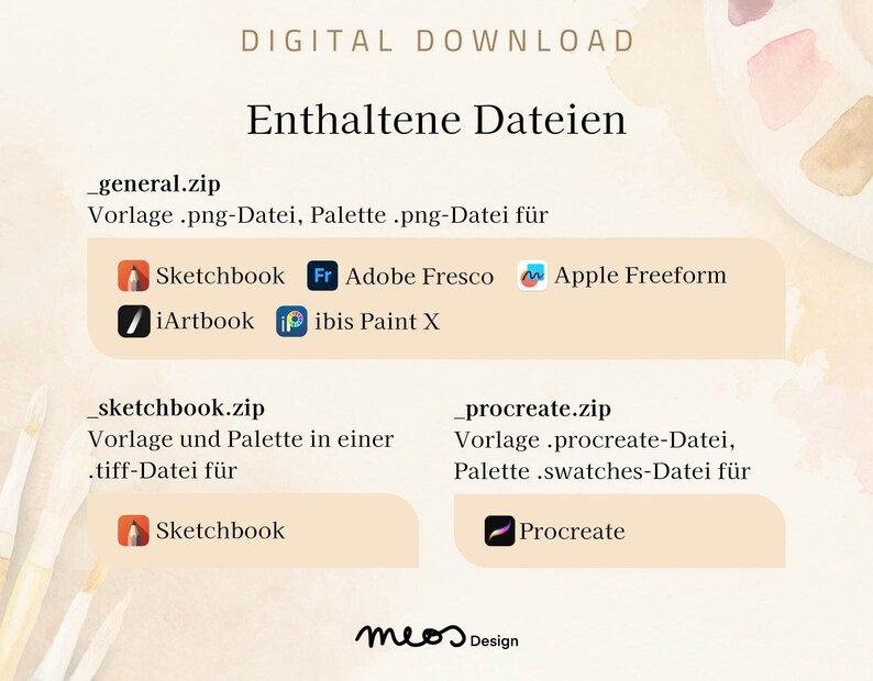K&ouml;nnte beinhalten: Eine Grafik f&uuml;r einen digitalen Download mit dem Text "Enthaltene Dateien" und einer Liste der im Download enthaltenen Dateien. Die Dateien sind f&uuml;r die Apps Sketchbook, Adobe Fresco, iArtbook, ibis Paint X, Apple Freeform und Procreate.
