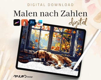 paint by numbers digital adults, Procreate template, color by number Cozy Paws in Autumn