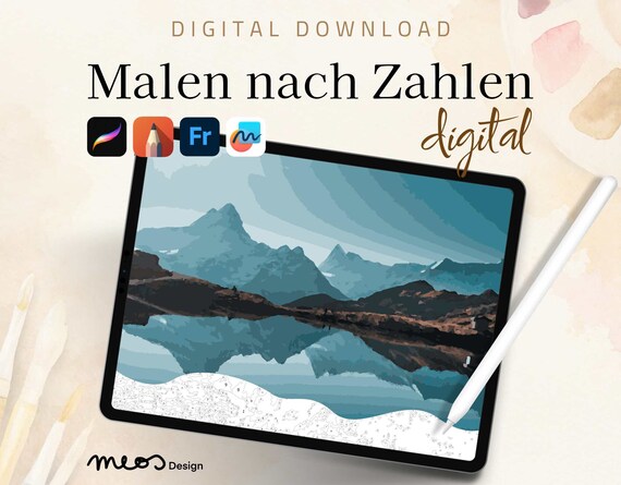 Malen nach Zahlen digital Erwachsene, Procreate, Sketchbook, Fresco, Malvorlage See, Natur, Berge