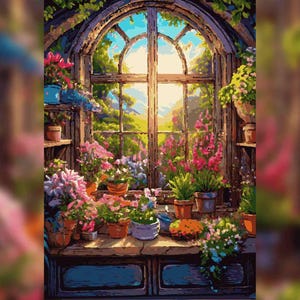May include: A window with a view of a lush green landscape, surrounded by potted plants with colorful flowers. The window is arched and has a wooden frame. The plants are arranged on a wooden shelf.