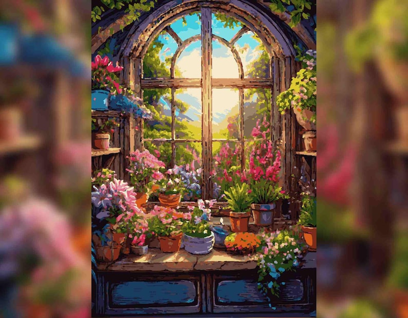 May include: A window with a view of a lush green landscape, surrounded by potted plants with colorful flowers. The window is arched and has a wooden frame. The plants are arranged on a wooden shelf.