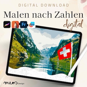 Paint by numbers digital adults, Procreate, sketchbook, fresco, coloring page nature, Switzerland, mountain lake