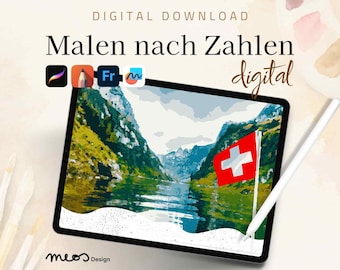 Malen nach Zahlen digital Erwachsene, Procreate, Sketchbook, Fresco, Malvorlage Natur, Schweiz, Bergsee
