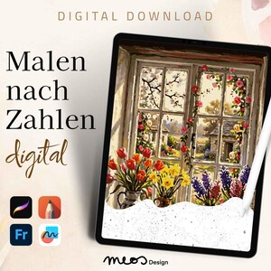 May include: A digital download image on a tablet, showing a painting of a window with flowers. The image includes the text "DIGITAL DOWNLOAD" and "Malen nach Zahlen digital". A white stylus rests on the tablet.