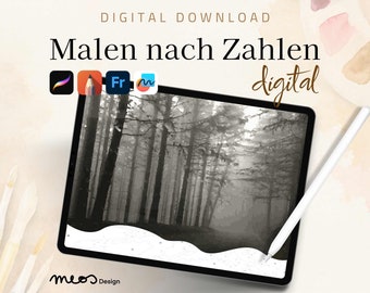 Malen nach Zahlen digital Erwachsene, Procreate, Sketchbook, Fresco, Malvorlage Wald, Landschaft