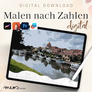 Malen nach Zahlen digital Erwachsene, Procreate, Sketchbook, Fresco, Malvorlage Häuser, Wasser, Dorf